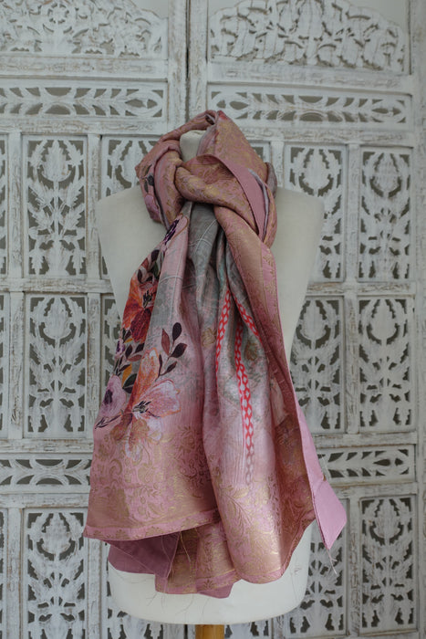 Pink Chanderi Silk Flower Print Shawl - New