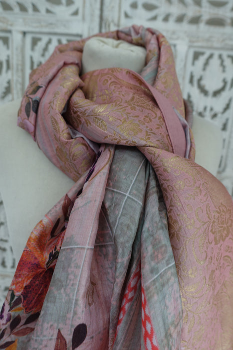 Pink Chanderi Silk Flower Print Shawl - New