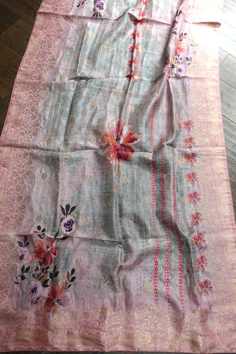 Pink Chanderi Silk Flower Print Shawl - New