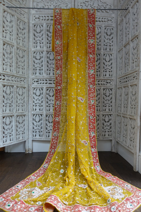 Yellow Vintage Silk Chiffon Wedding Dupatta - New