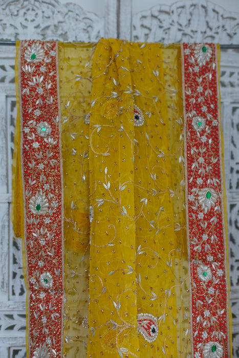 Yellow Vintage Silk Chiffon Wedding Dupatta - New