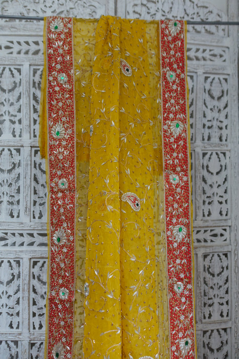 Yellow Vintage Silk Chiffon Wedding Dupatta - New