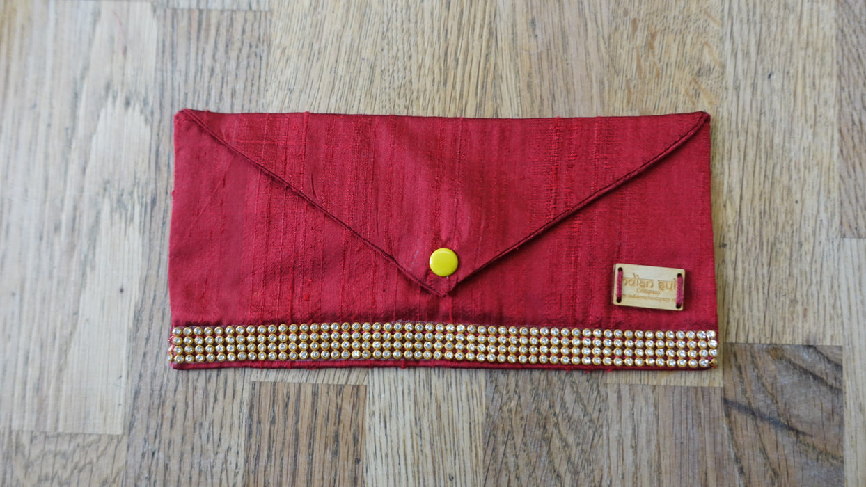 Red Raw Silk Envelope With Diamante Detail