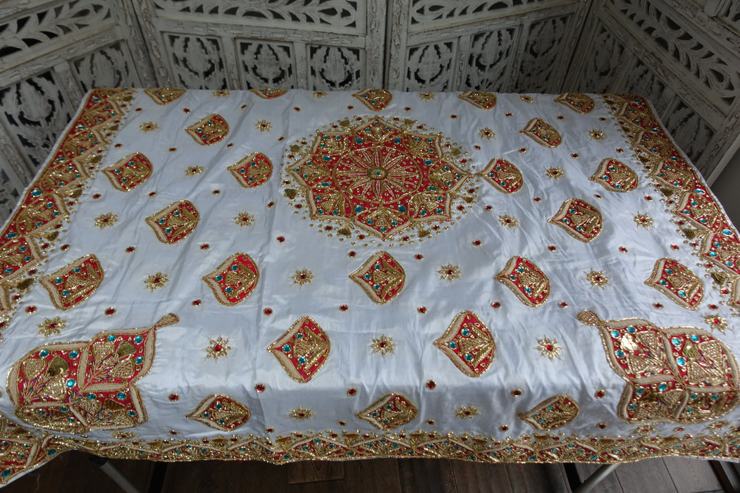 White Silk Vintage Embellished Tablecloth - New