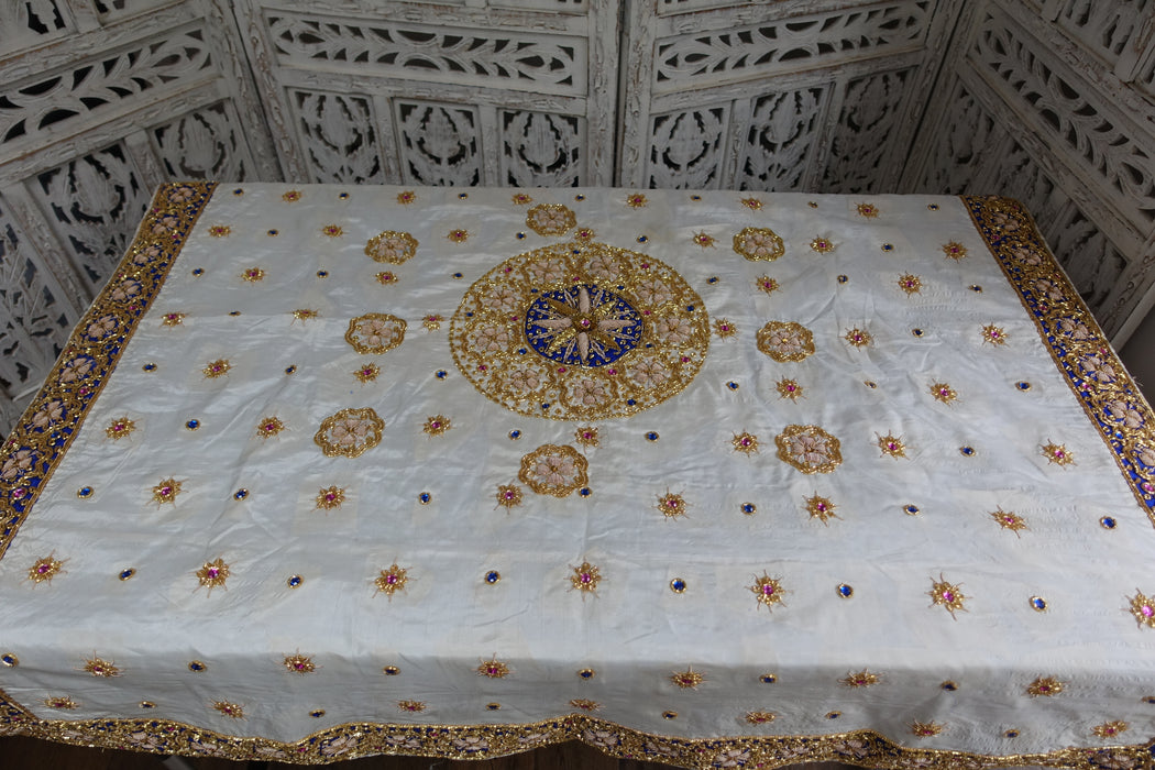 White And Blue Silk Tablecloth In Blue