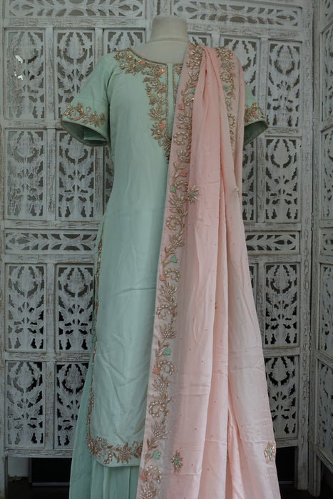 Mint Green And Pink Silk Lengha - UK 10 / EU 36 - Preloved