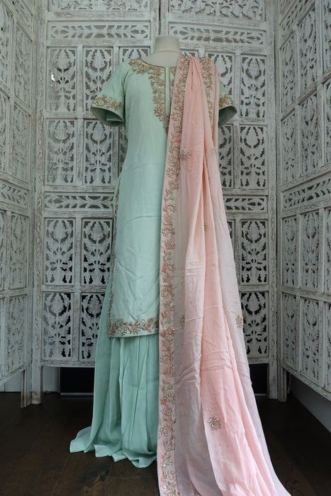 Mint Green And Pink Silk Lengha - UK 10 / EU 36 - Preloved