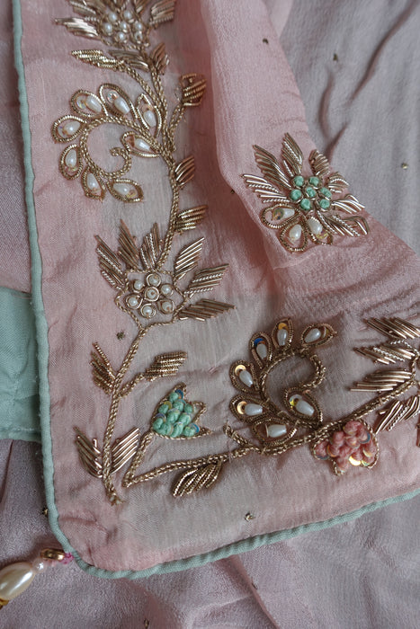 Mint Green And Pink Silk Lengha - UK 10 / EU 36 - Preloved