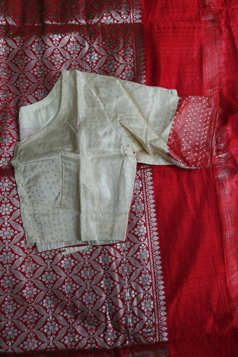 Cream And Red Vintage Sari Including Blouse - New