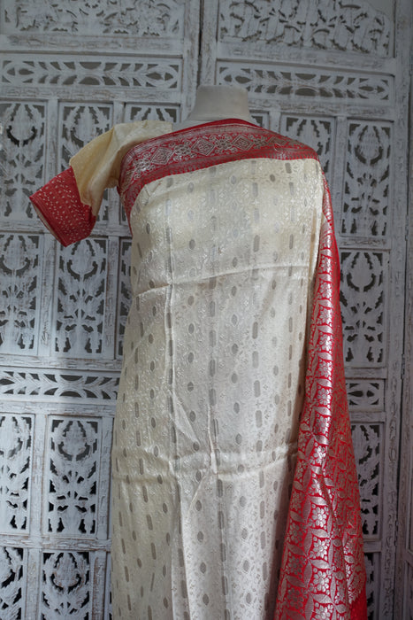 Cream And Red Vintage Sari Including Blouse - New