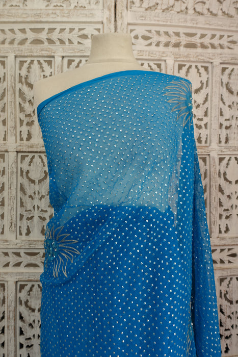 Blue Vintage Pure Silk Chiffon Sequinned Sari - New