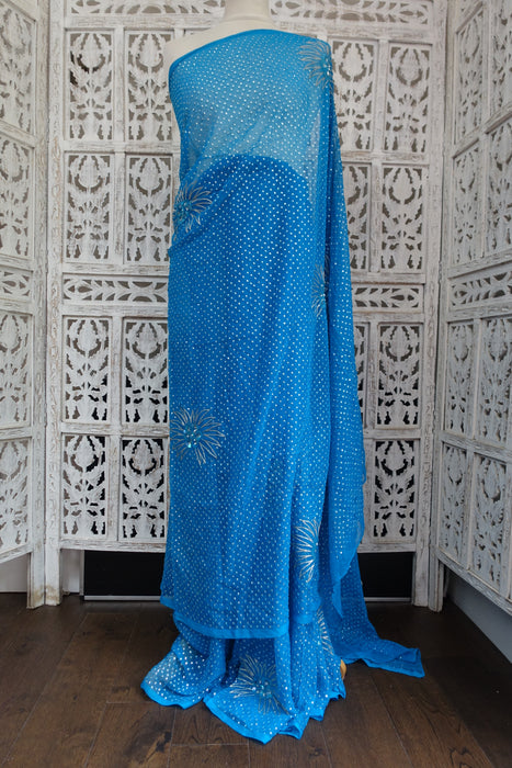 Blue Vintage Pure Silk Chiffon Sequinned Sari - New