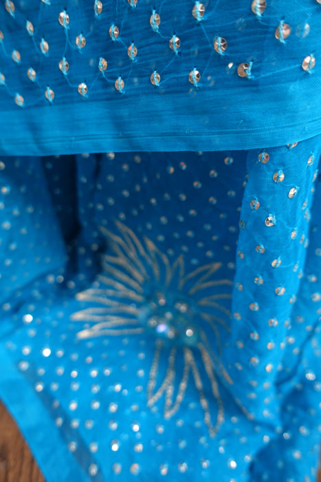 Blue Vintage Pure Silk Chiffon Sequinned Sari - New