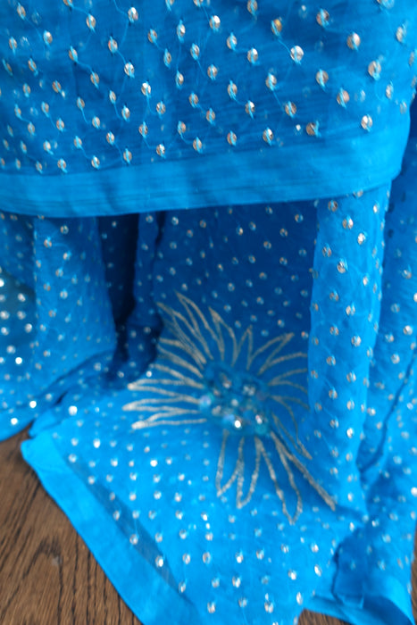 Blue Vintage Pure Silk Chiffon Sequinned Sari - New