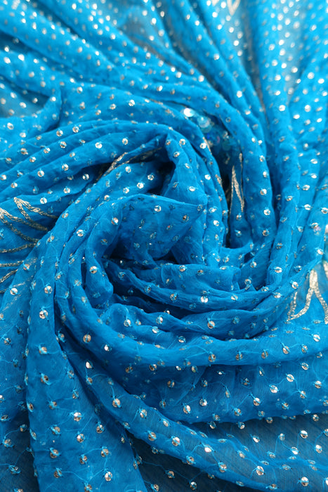 Blue Vintage Pure Silk Chiffon Sequinned Sari - New