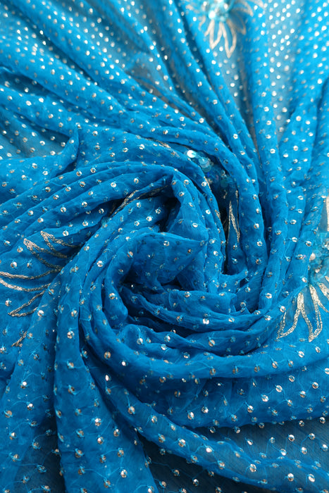 Blue Vintage Pure Silk Chiffon Sequinned Sari - New