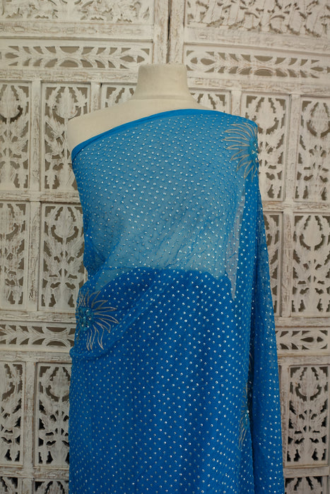 Blue Vintage Pure Silk Chiffon Sequinned Sari - New