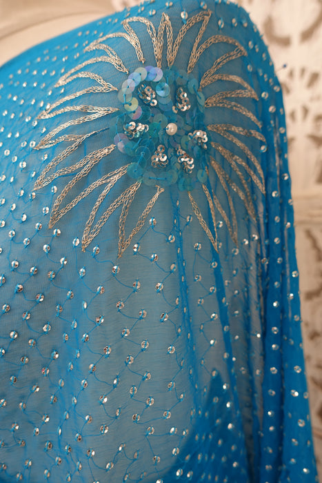 Blue Vintage Pure Silk Chiffon Sequinned Sari - New