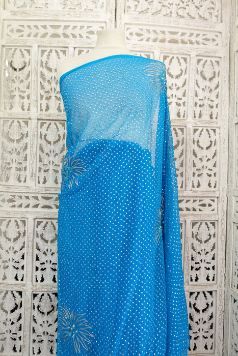 Blue Vintage Pure Silk Chiffon Sequinned Sari - New