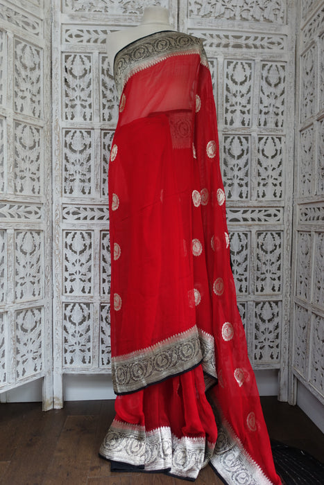 Red  Silk Chiffon Vintage Wedding Sari - New