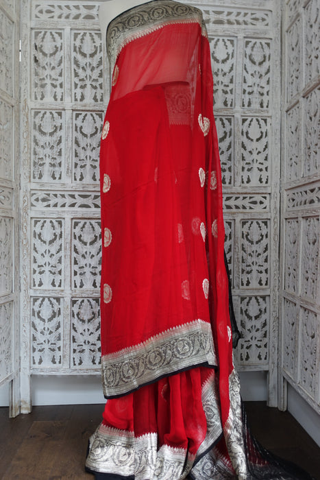 Red  Silk Chiffon Vintage Wedding Sari - New