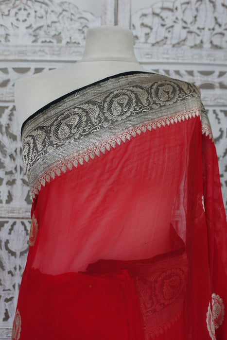 Red  Silk Chiffon Vintage Wedding Sari - New