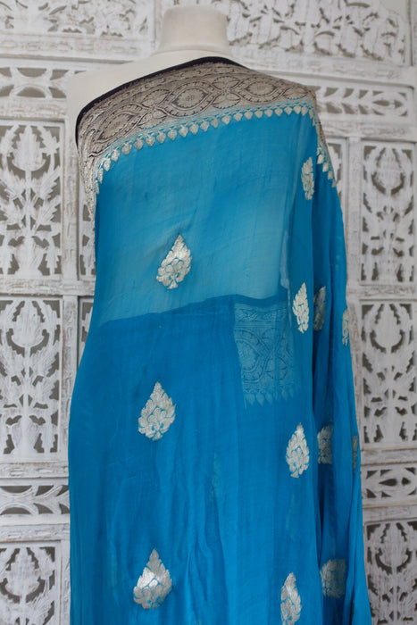 Peacock Blue And Black Zari Banarsi Sari - Preloved