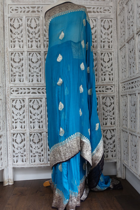 Peacock Blue And Black Zari Banarsi Sari - Preloved