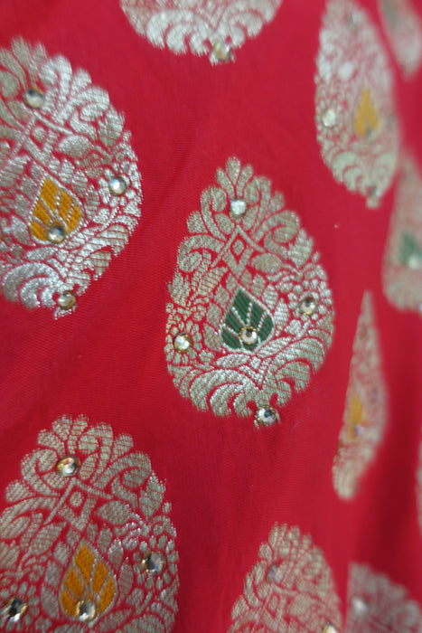 Red Banarsi Wedding Sari With Blouse Piece - New