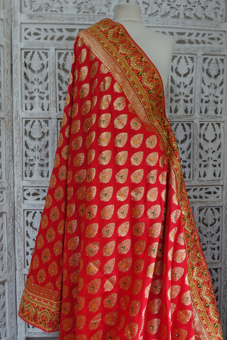 Red Banarsi Wedding Sari With Blouse Piece - New