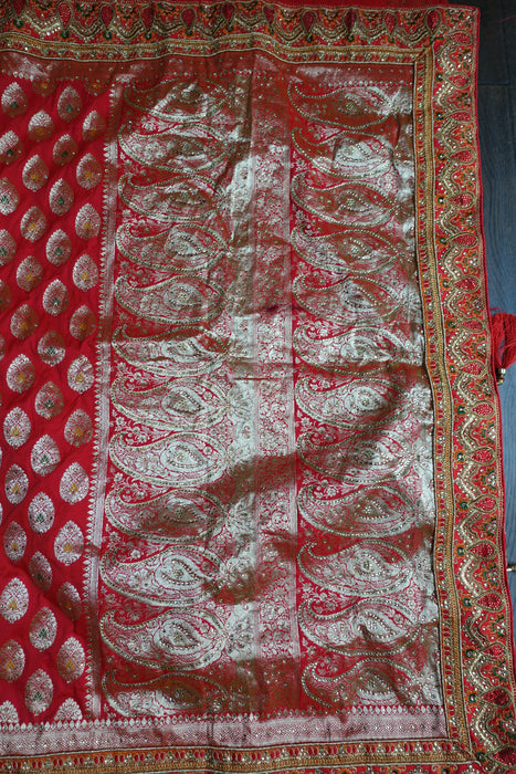 Red Banarsi Wedding Sari With Blouse Piece - New