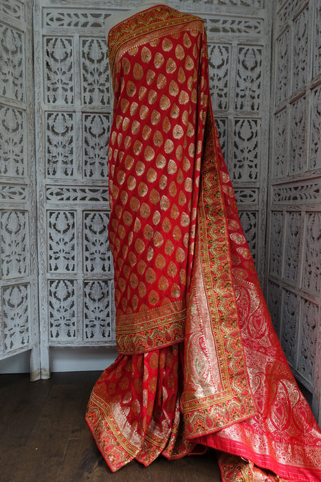 Red Banarsi Wedding Sari With Blouse Piece - New