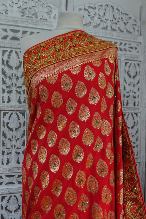 Red Banarsi Wedding Sari With Blouse Piece - New