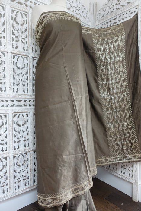 Taupe Sateen Silk Vintage Sari - Preloved