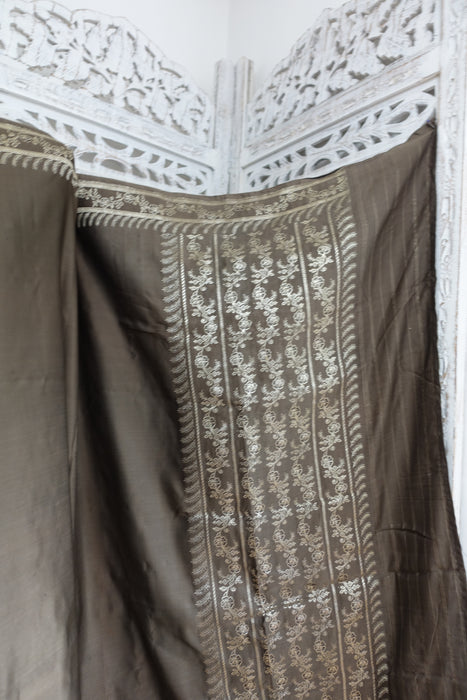 Taupe Sateen Silk Vintage Sari - Preloved