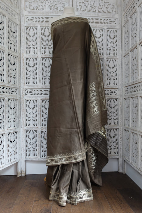 Taupe Sateen Silk Vintage Sari - Preloved