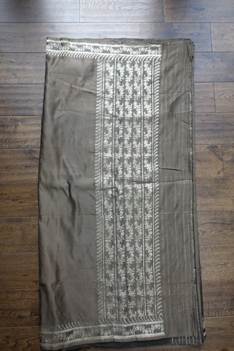 Taupe Sateen Silk Vintage Sari - Preloved