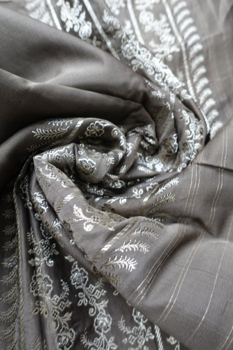 Taupe Sateen Silk Vintage Sari - Preloved