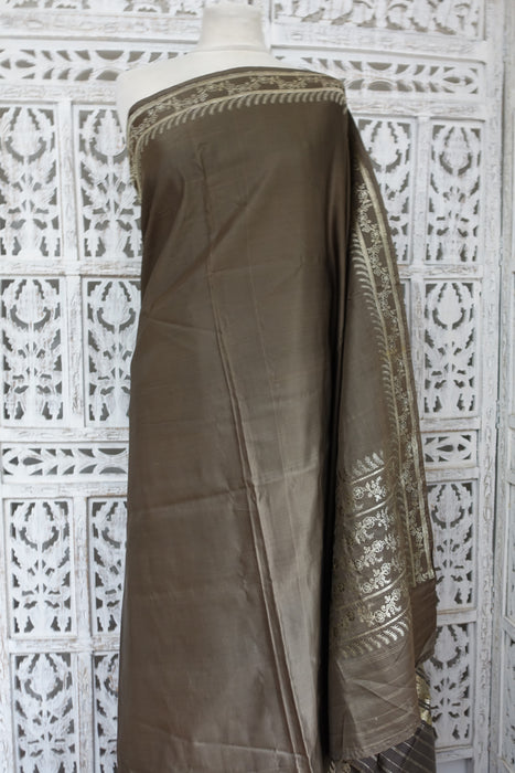 Taupe Sateen Silk Vintage Sari - Preloved