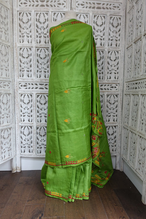 Bright Green Pure Tissue Silk Vintage Sari With Blouse - New