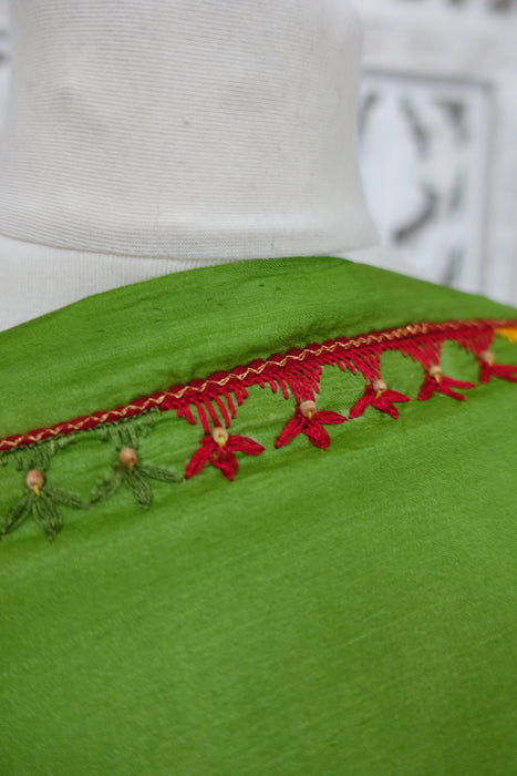 Bright Green Pure Tissue Silk Vintage Sari With Blouse - New