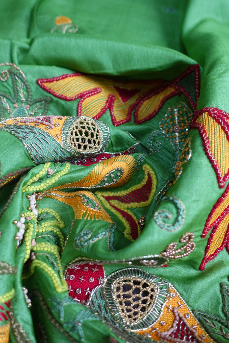 Bright Green Pure Tissue Silk Vintage Sari With Blouse - New