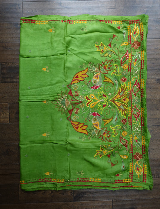 Bright Green Pure Tissue Silk Vintage Sari With Blouse - New