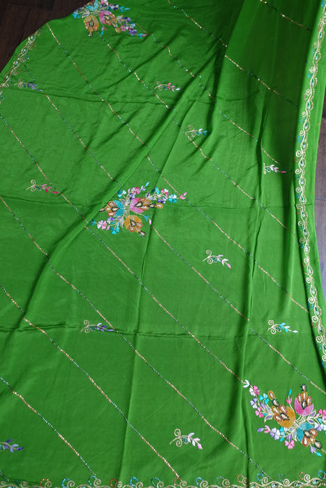 Parrot Green Pure Lightweight Silk Embroidered Vintage Sari - New