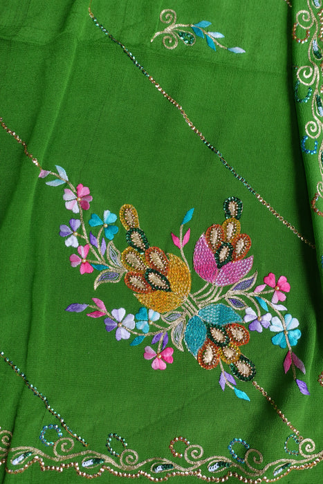 Parrot Green Pure Lightweight Silk Embroidered Vintage Sari - New