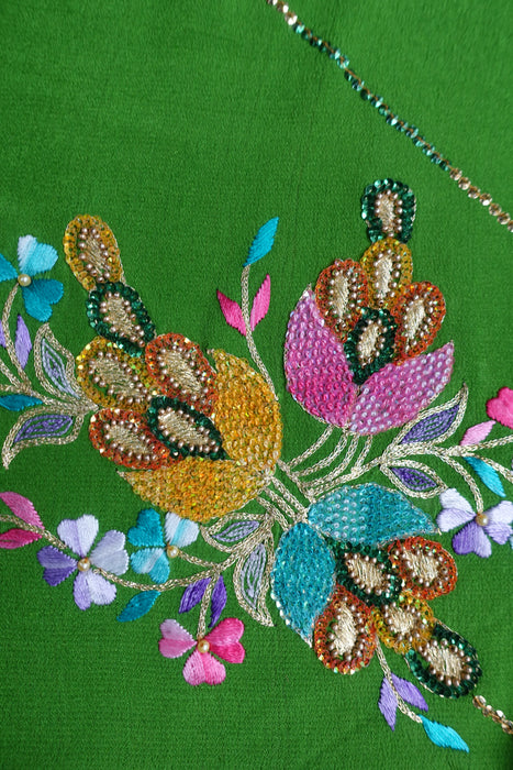 Parrot Green Pure Lightweight Silk Embroidered Vintage Sari - New