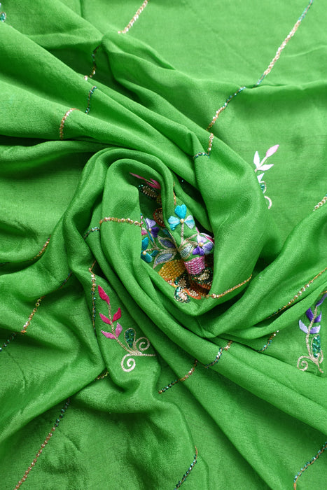 Parrot Green Pure Lightweight Silk Embroidered Vintage Sari - New