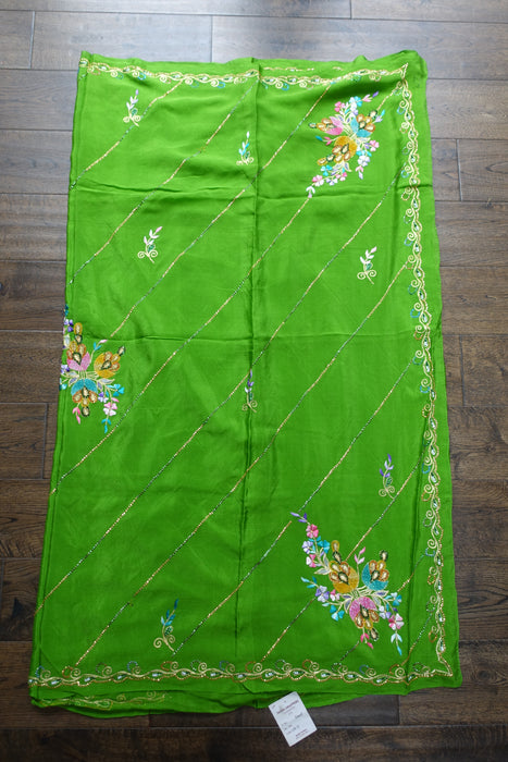Parrot Green Pure Lightweight Silk Embroidered Vintage Sari - New