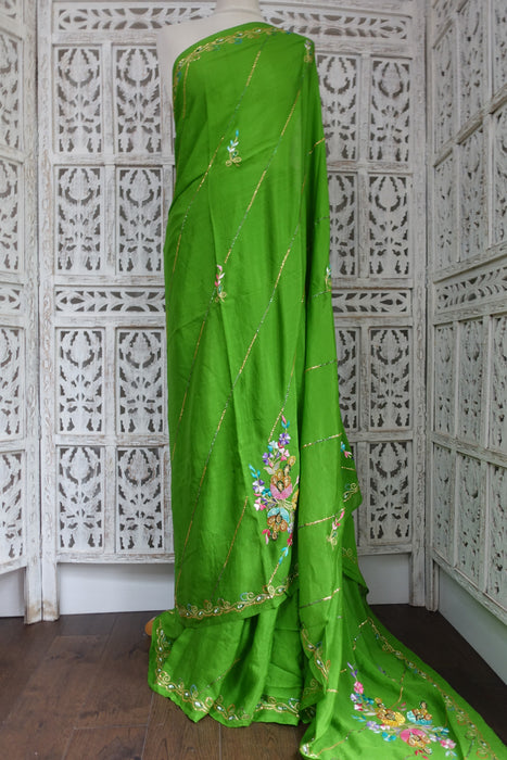 Parrot Green Pure Lightweight Silk Embroidered Vintage Sari - New