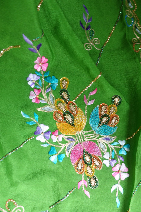 Parrot Green Pure Lightweight Silk Embroidered Vintage Sari - New